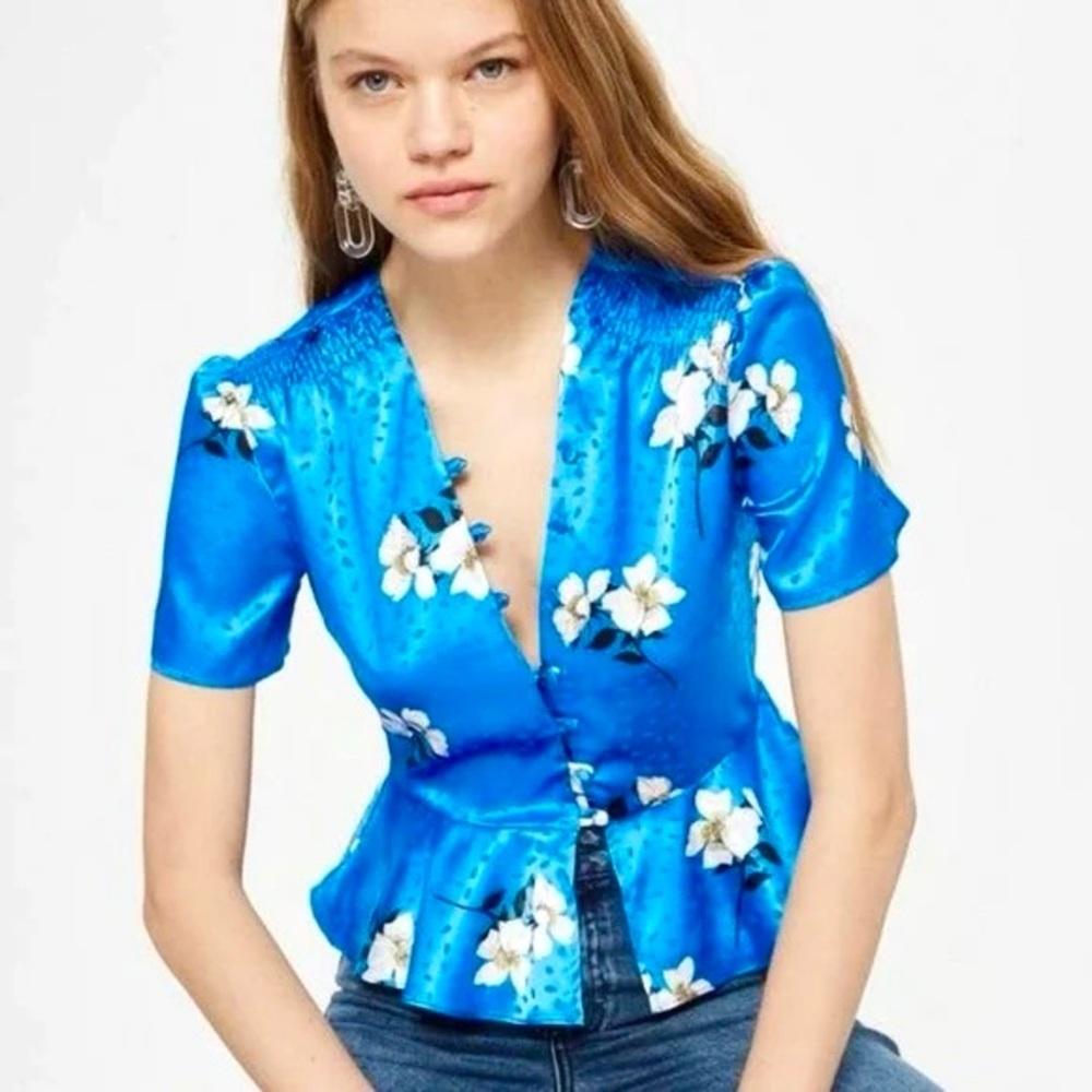 Topshop Vibrant Blue Floral Peplum Button Blouse